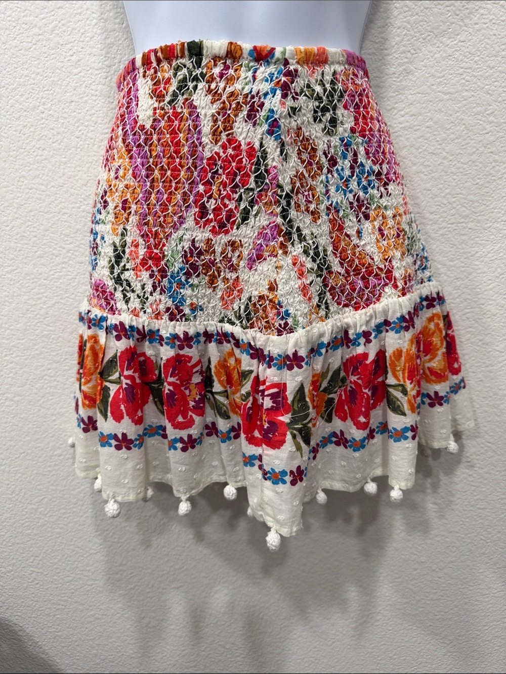 FARM Rio White Mini Skirt with Multicolor Floral Embroidery